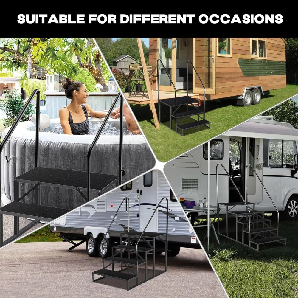 خطوات RV مع درابزين، سلالم RV بخطوتين سعة تحميل 660 رطل، سلم متدرج مع لوحة مضادة للانزلاق، سلالم منزلية متنقلة للسفر #6