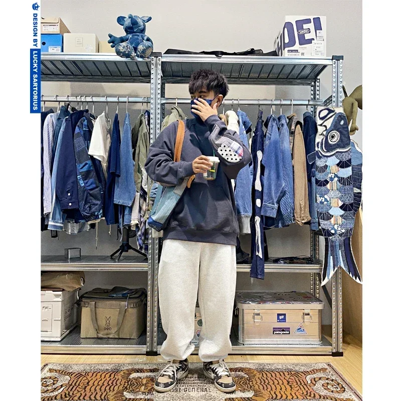 Spring Japanese Vintage Gog Heavy Water Drop National Style Splice Round Neck Pullover Loose Fit Sweatshirt Men