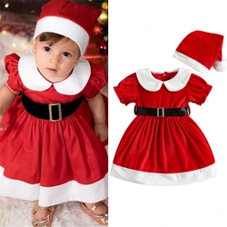 Toddler Baby Girls Christmas Party Dress Red Short Sleeve Doll Collar Princess Dress with Belt Hat Xmas Outfit