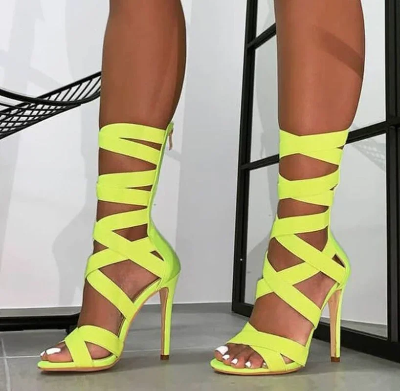 Fluorescent green Stretch Fabric Back Zipper Sandals Women Stiletto Heel Sexy elastic strap roman shoes Sandal Femme Sandale 43