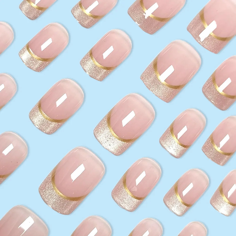 Conjunto de unhas falsas rosa gradiente, pontas francesas com olho de gato, céu estrelado, formato oval, unhas de pressão, presente perfeito para meninas, 24 peças