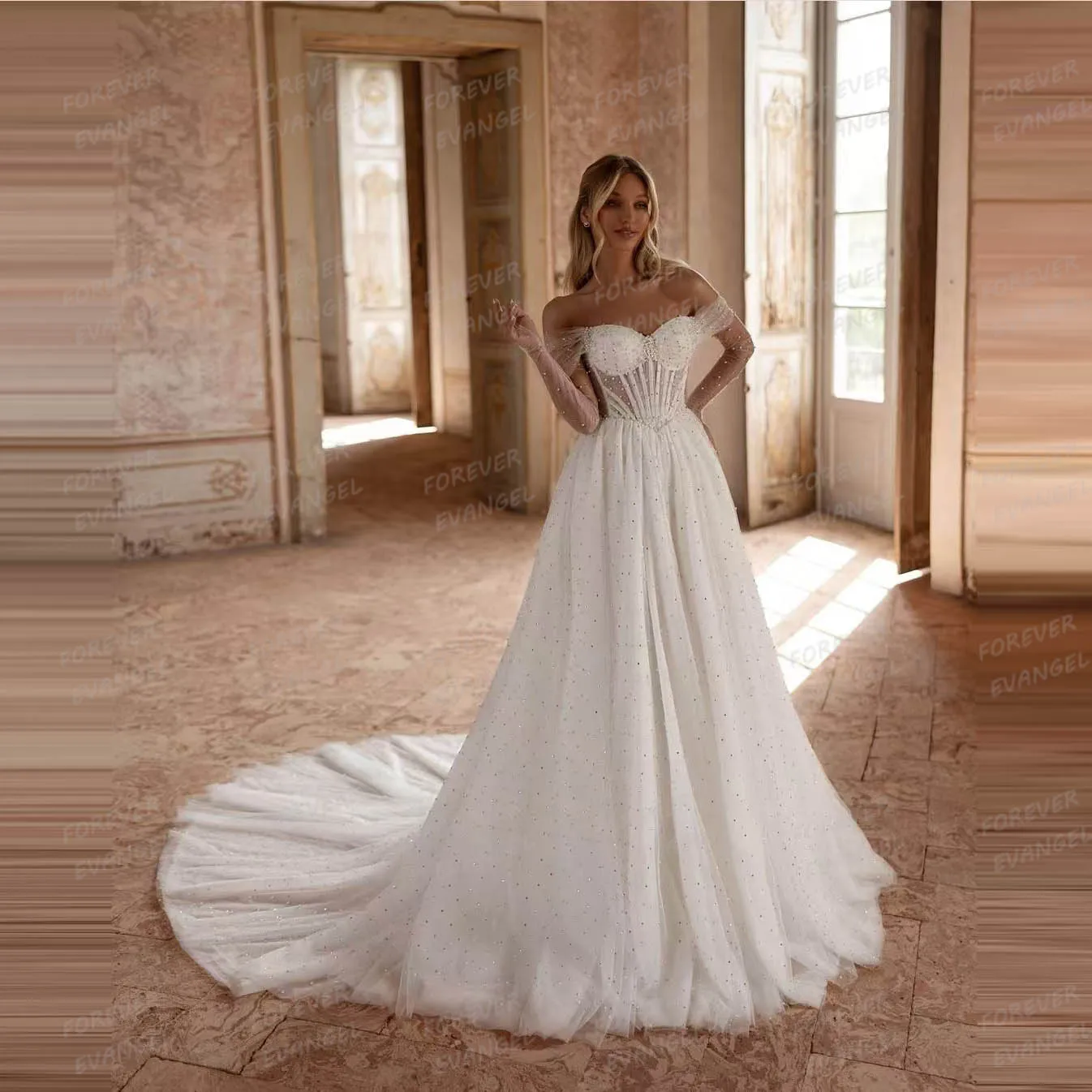 Abiti da sposa di lusso elegante donna Sexy una linea Glitter Off spalla manica intera principessa Tulle abiti da sposa Vestidos De Novia