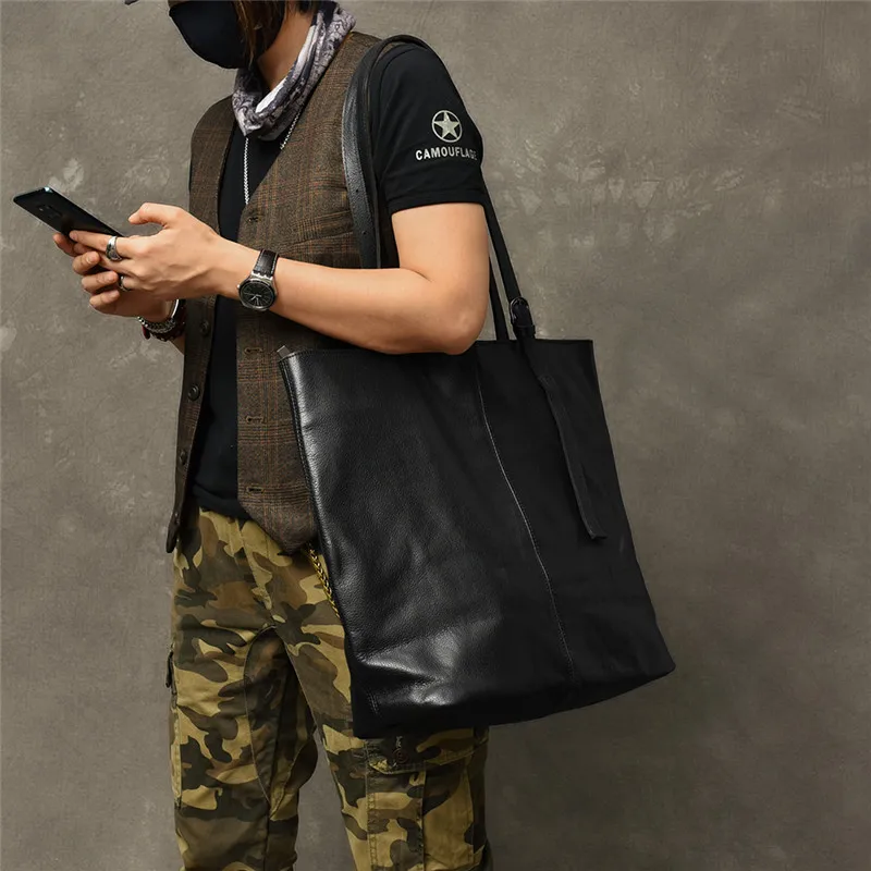 Genuine leather large capacity men\'s tote bag fashion casual simple high quality soft real cowhide black shoulder shopping bag