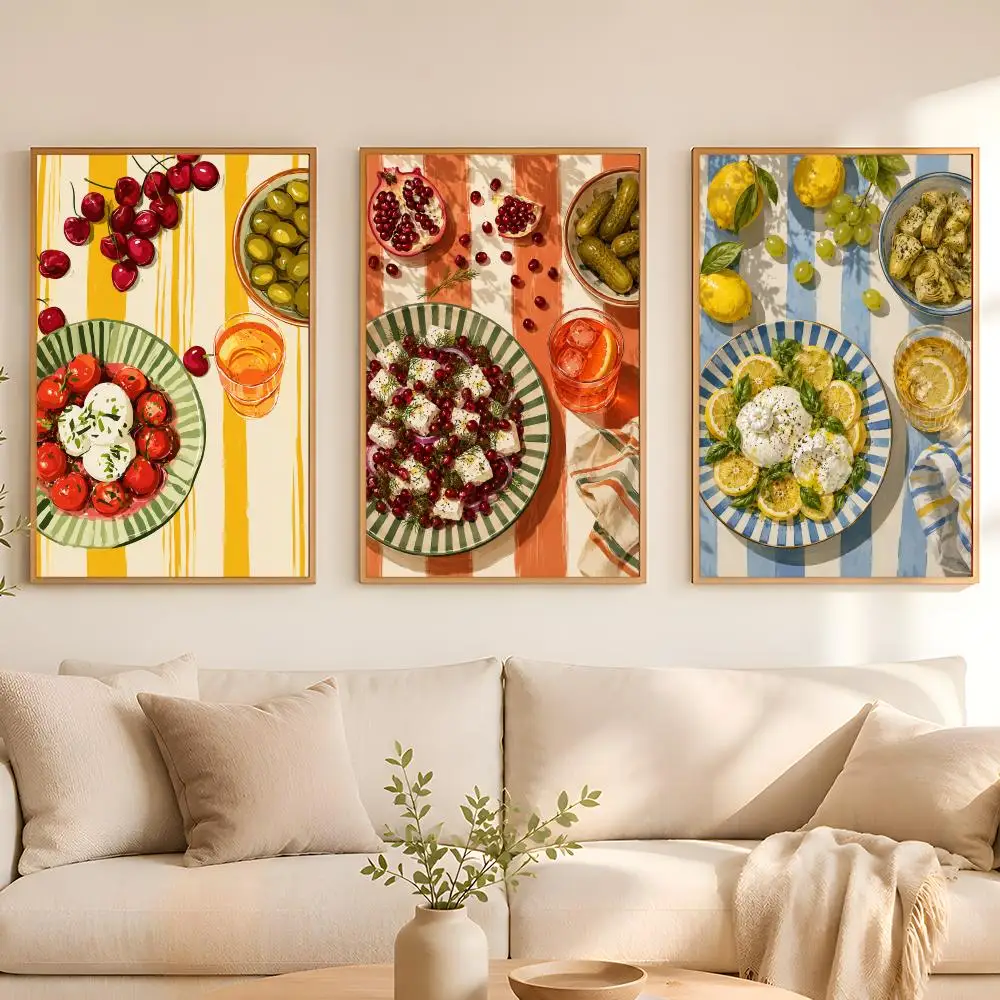Mediterranean Food Flat Lay Poster Stickers Painting Self-Adhesive Mural HD Wall Decals for Bedroom Living Room Home Decor Gift