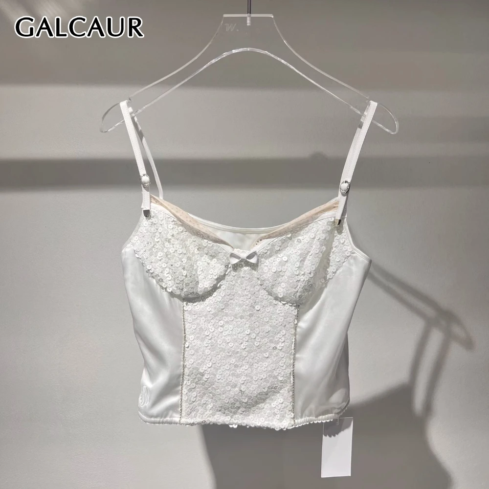 

GALCAUR White Spliced Sequin Tank Top Female Sweetheart Sleeveless Hotsweet Slimming Women's Tank Tops Fashion Summer New Style