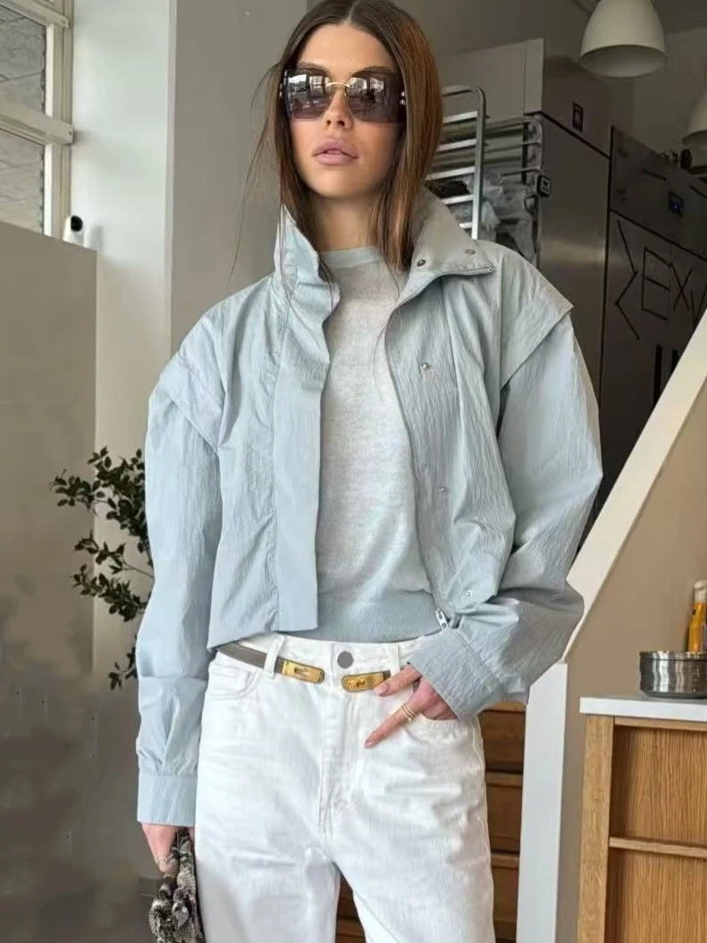 Summer Pink Stand Collar Loose Light Jacket Women Causal Zip-up Long Sleeve Crop Thin Jacket Ladies Commute Jacket 2026 New