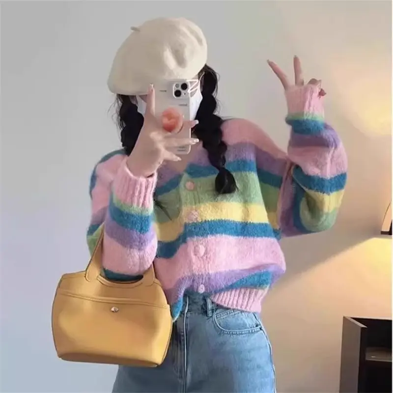 Cardigan aperto a righe slim fit lungo lavorato a maglia da donna di fascia alta Sve rotondo Ne Faionable Autunno Inverno Nuovo arrivo