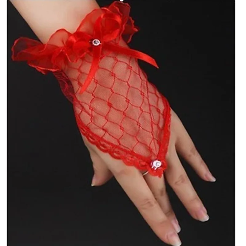 Guantes de encaje con diamantes de imitación para mujer, malla transparente, sin dedos, para damas de honor, banquetes, bodas, fiestas de té, funerales