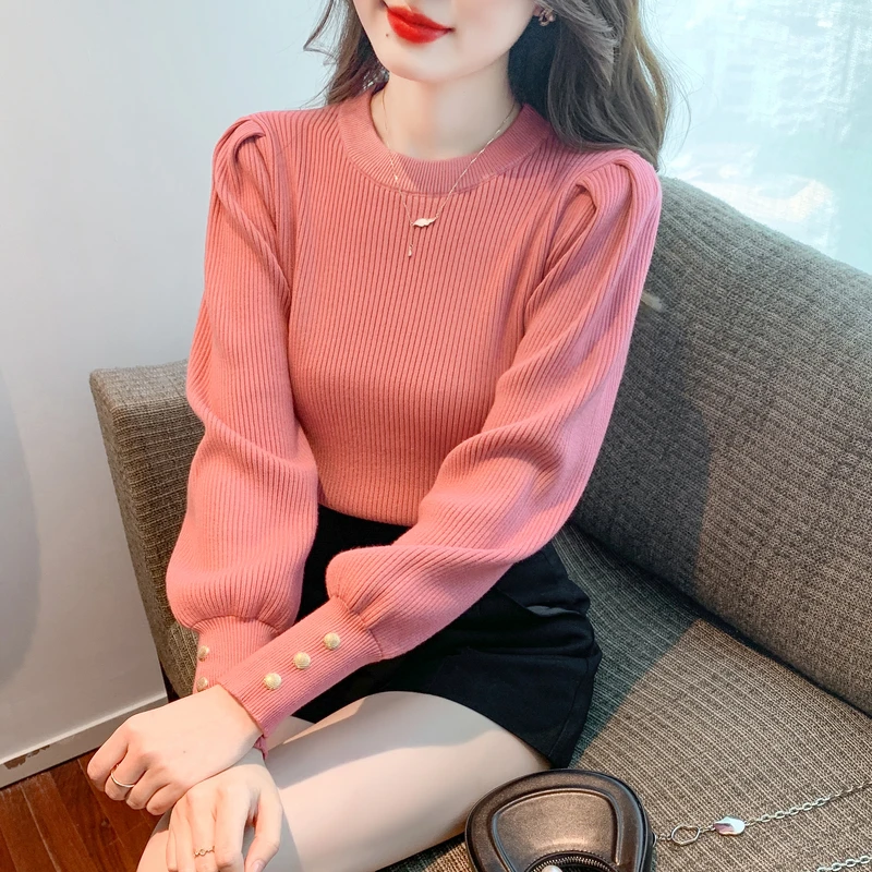 

2023 Autumn Winter Korean Sweater Women Half Turtleneck Puff Long Sleeve Solid Pullovers Tops Elegant Knitwears Cute Pull Femme