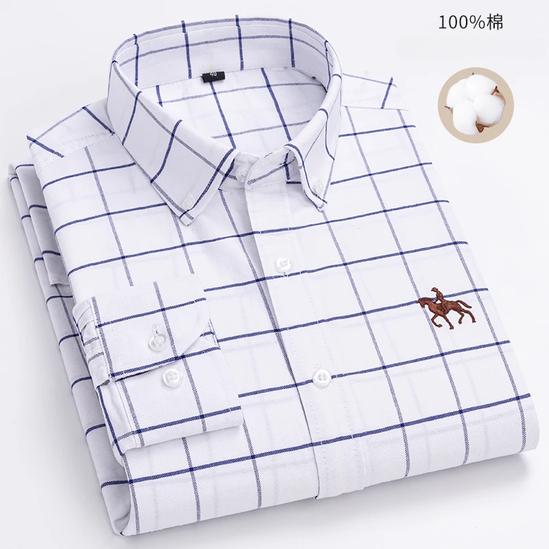 Camisa Oxford de manga larga para hombre, Camisa de algodón a rayas a cuadros, bolsillo informal de negocios, corte Regular, botón hacia abajo, S ~