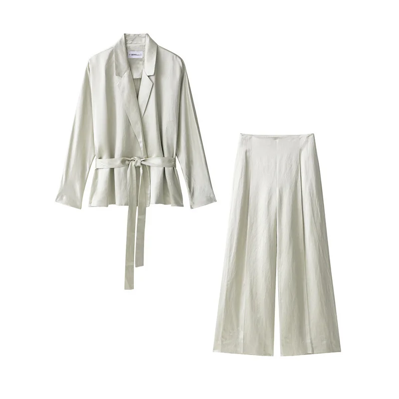 Autumn New Silk Satin Texture Belt Decoration Blazer Suit