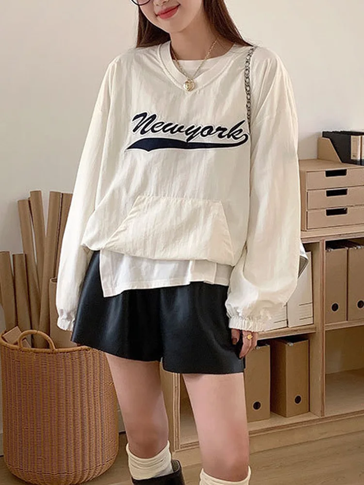 Casual Sweatshirts Women American Retro Letter Embroidery Pullovers Hoodies Spring Autumn Loose Long Sleeve Drawstring Base Tops