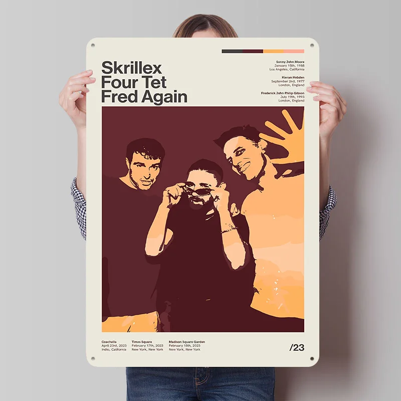 Pôster de Metal Personalizado Skrillex, Four Tet e Fred Again - Placa Vintage Retrô para Decoração de Caverna Masculina e Ambientes