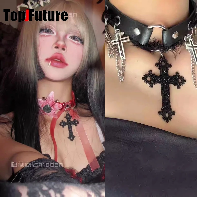 Subculture Women Men  Gothic Lolita Cosplay Punk  necklace Y2K Girl Cross pendant punk chokers black and red necklaces