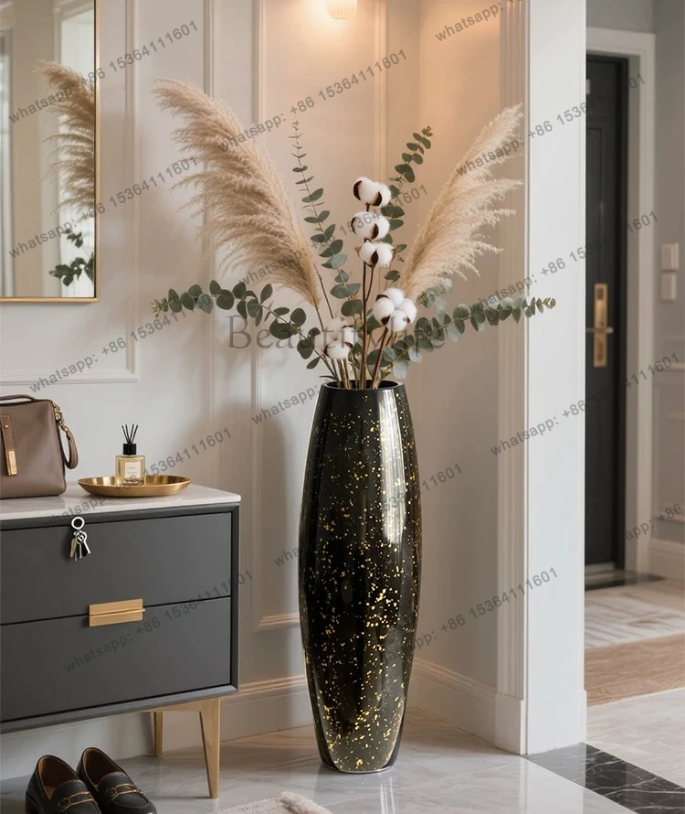 Floor-to-ceiling vase glass transparent black high flower arrangement long branch light luxury high-end ornament large