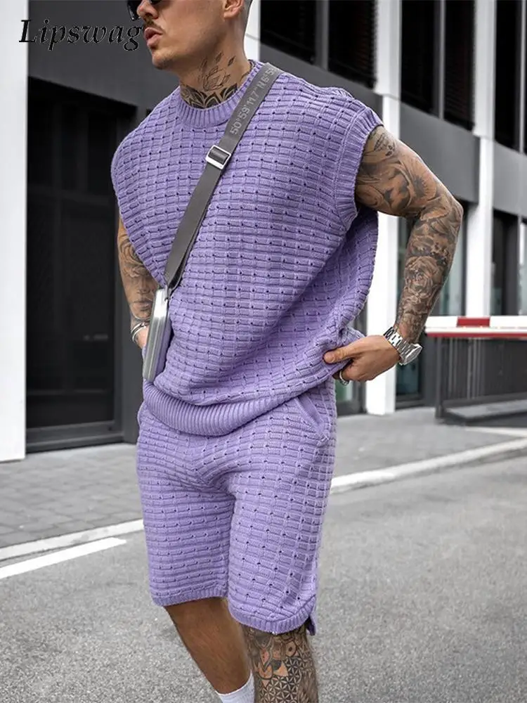 Streetwear 2022 Summer Men Fashion Outfits Knitted Solid Color Loose Two Piece Sets Mens Casual O Neck Pullover And Shorts Suits