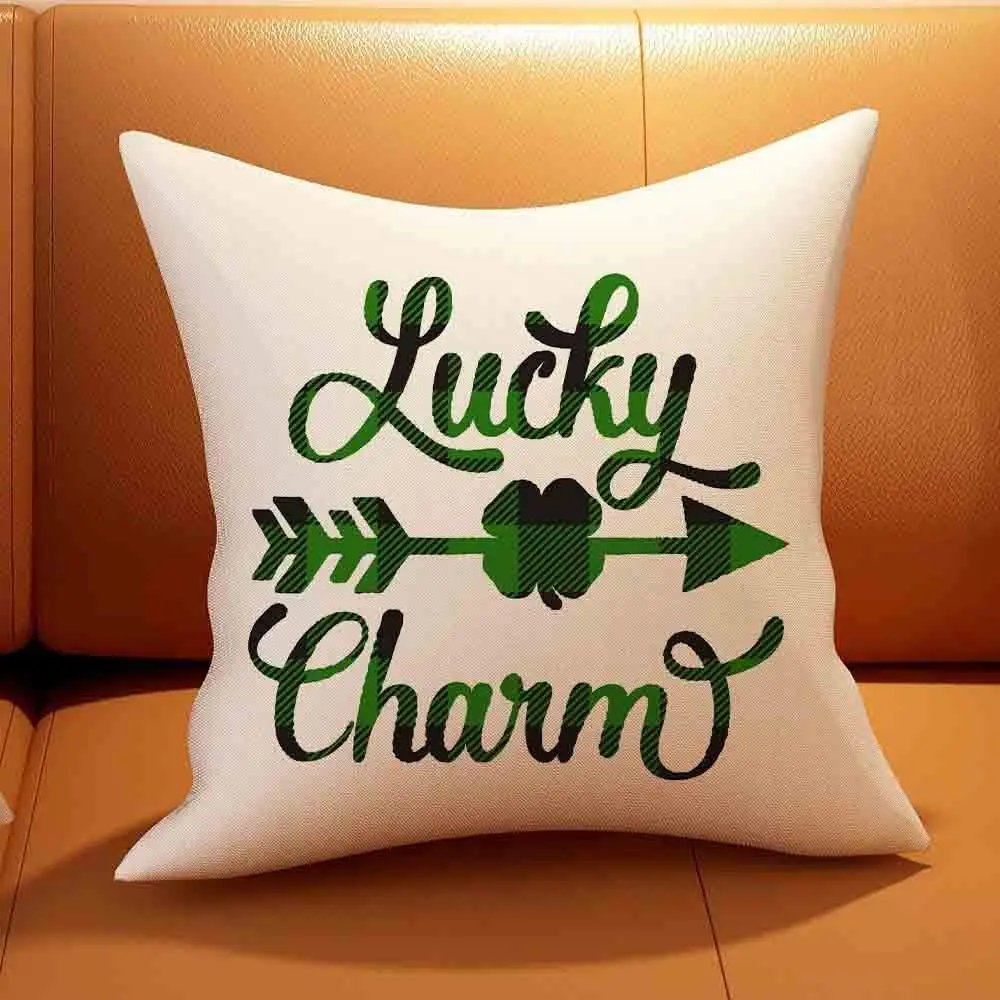 St Patricks Day Pillow Cover Green and Black Buffalo Check Plaid Lucky Charm and Clover Arrow Happy St Patricks Day Decorations