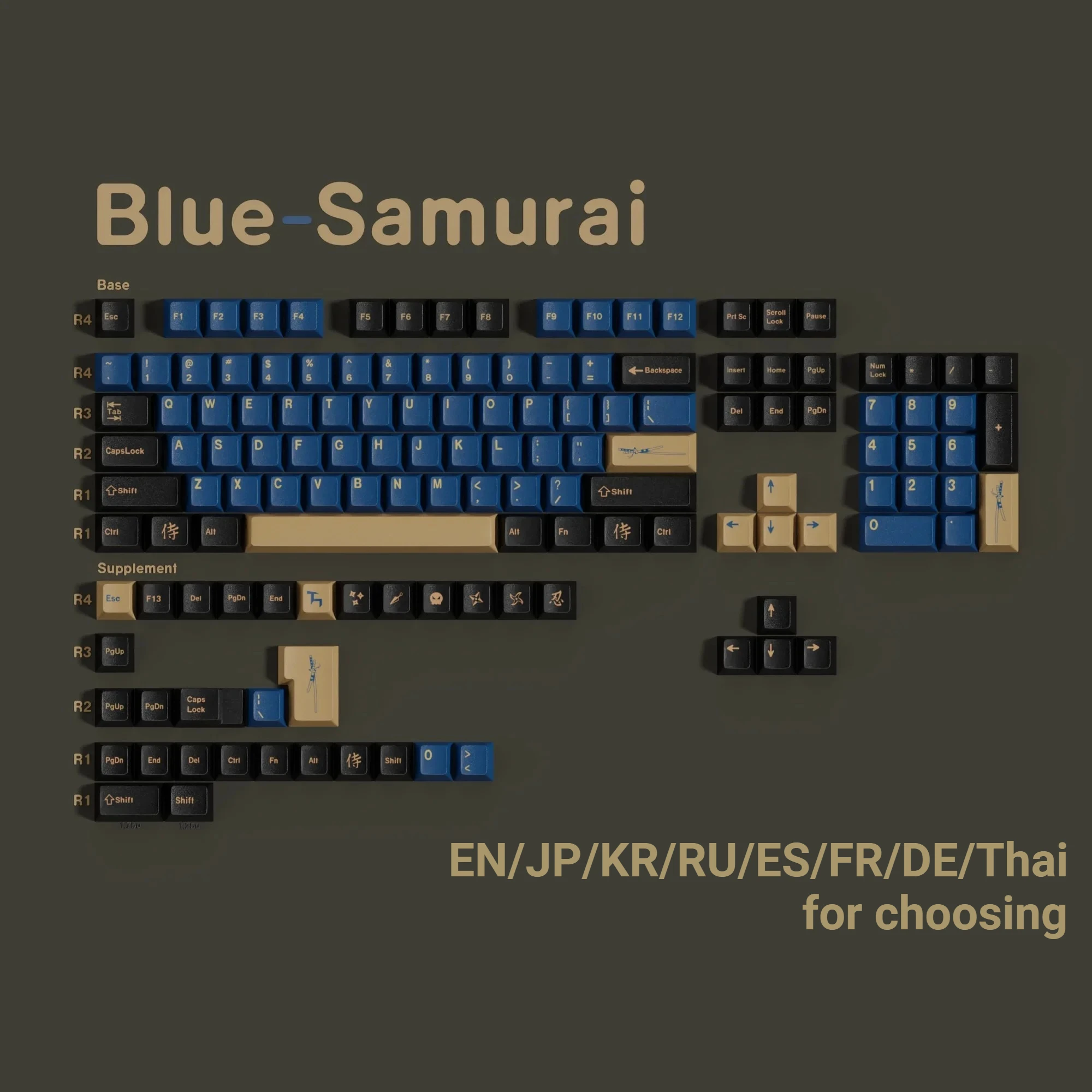 

138Keys Blue Samurai PBT Cherry Profile Dye Sub Keycaps FR DE ES RU KR EN AR Thai JP ISO Rainy 75 for Mechanical Keyboard