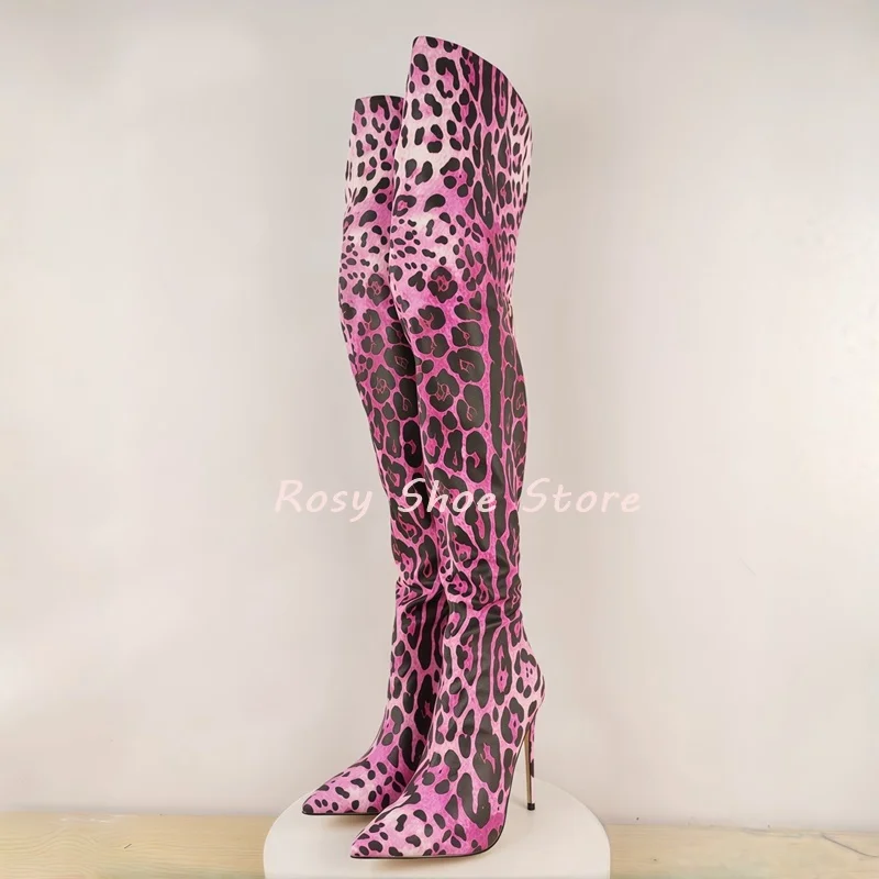 

Contrasting Leopard Print Pointed Toe Sexy Over-The-Knee Boot Winter Warm Long Boots Street Fashion Show Trench Coat Match Boot