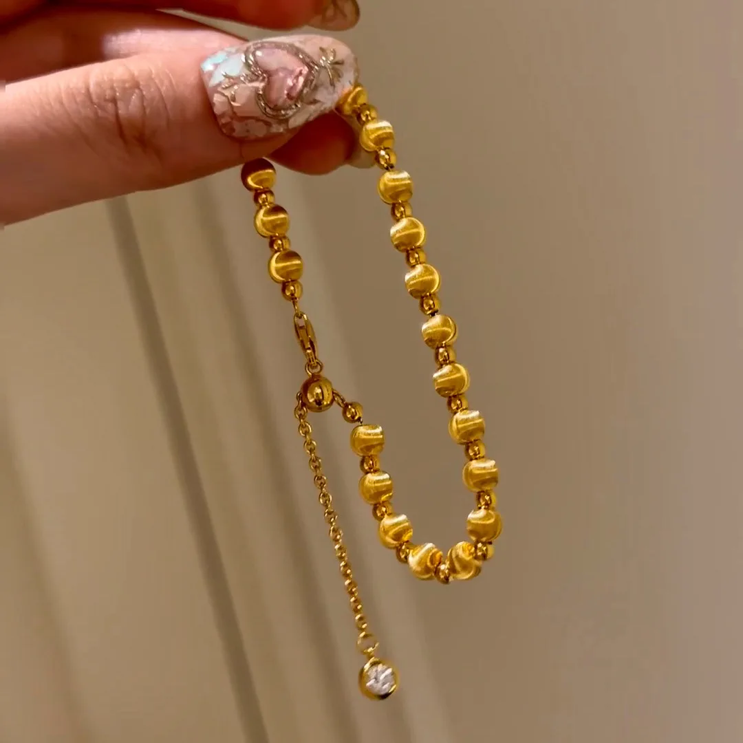 2026年製-24kリアルゴールド真空メッキ高色保持スーパーシャイニーライトバルブ彫刻ビーズキャッツアイ調節可能なドローストリングブレスレット