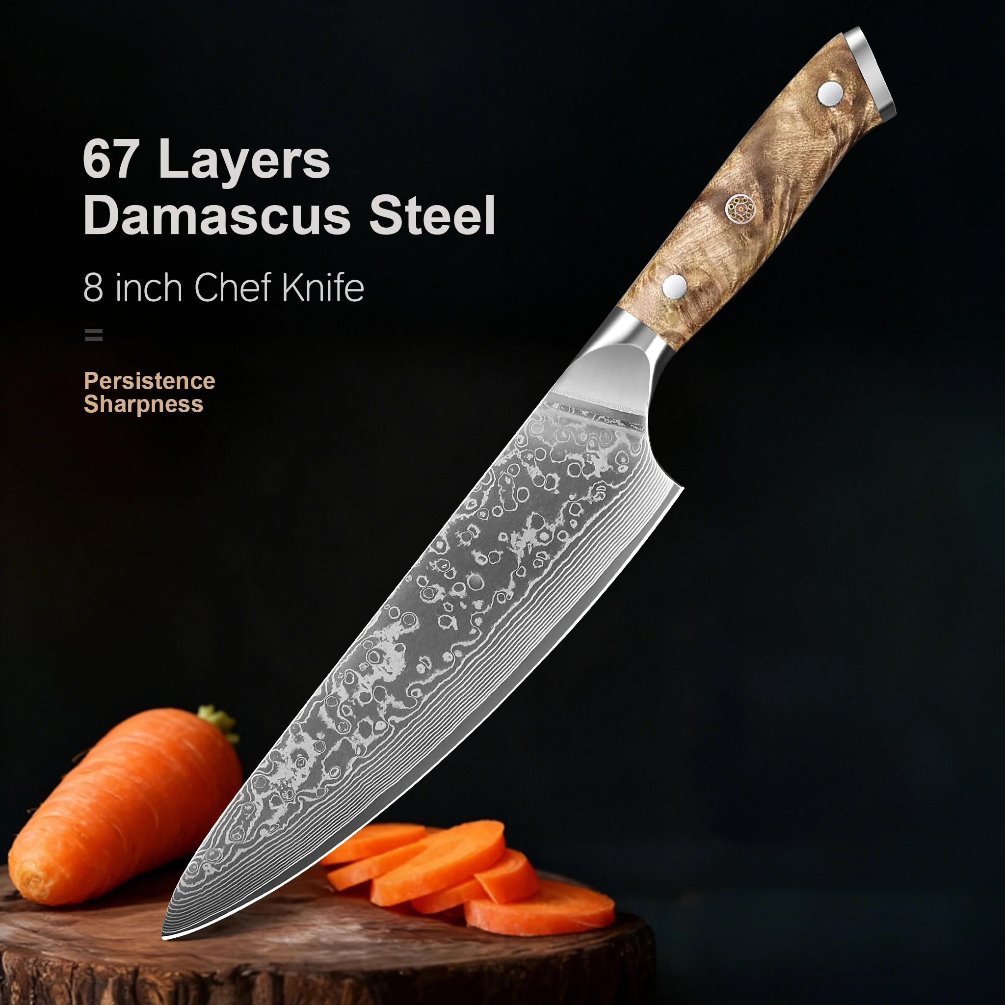 

8 inch Chef Knife Professional kitchen knife Handmade Damascus Steel Natural Burl wood Handle Meat & Vegetable Slicer Gift Box