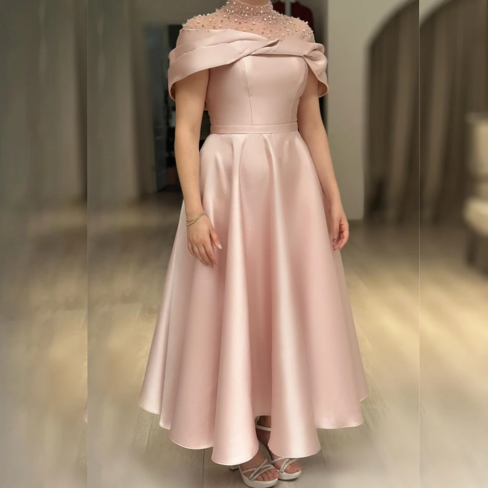 Customized Jersey Sequined Pleat Birthday A-line High Collar Bespoke Occasion Gown Midi Dresses