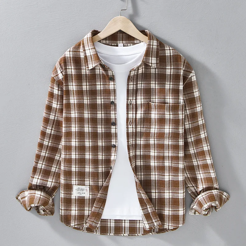 

100% хлопок, японская ретро клетчатая рубашка с длинным рукавом для мужчин, осенняя утолщенная модная свободная флисовая рубашка в клетку, куртка