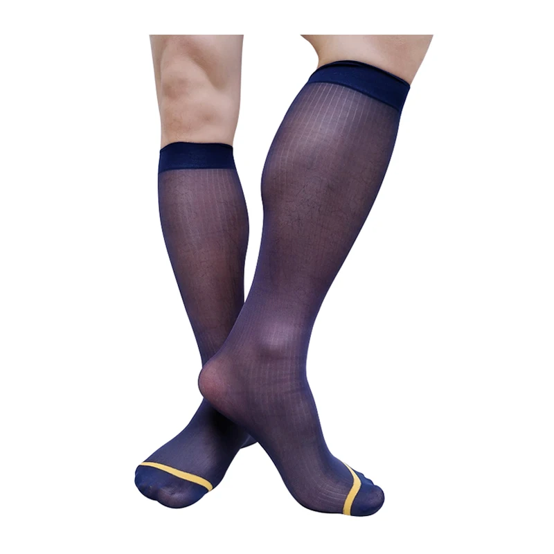 Softy Sheer Thin Mens Formal Socks Transparet Striped Knee High Sexy Dress Suit Business Socks Black / Navy Hose Stocking