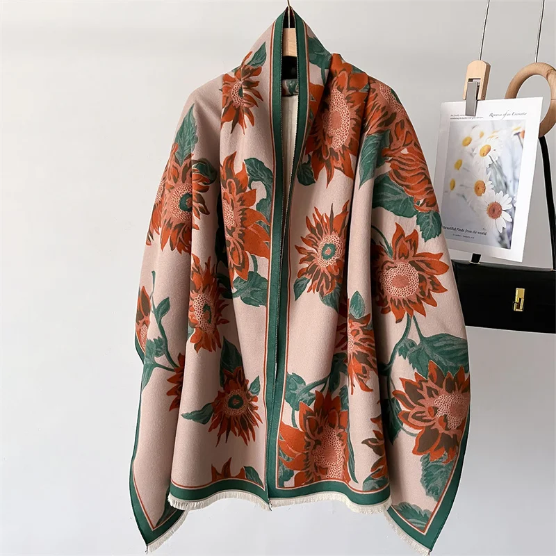 2024 Winter Cashmere Scarf Pashmina Retro Oil Painting Print Thickened Scarf Women Warm Shawl Wraps Bufandas Poncho High Quality