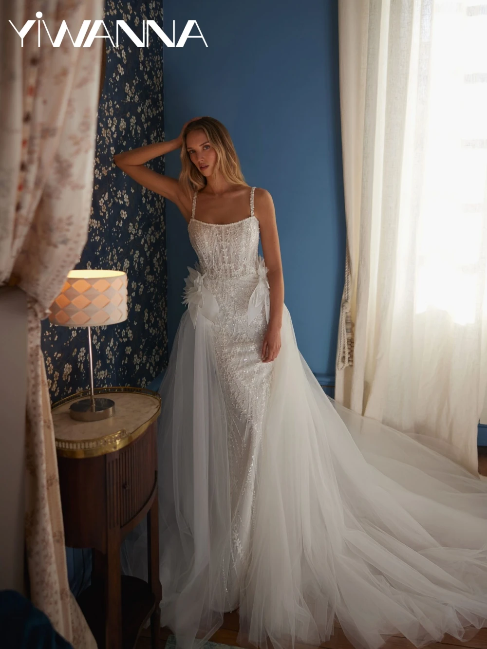 

Charming Beaded Lace Mermaid Wedding Dress Detachable Train Square Neck Bridal Gown 2026 New Customized Long Dresses For Bride