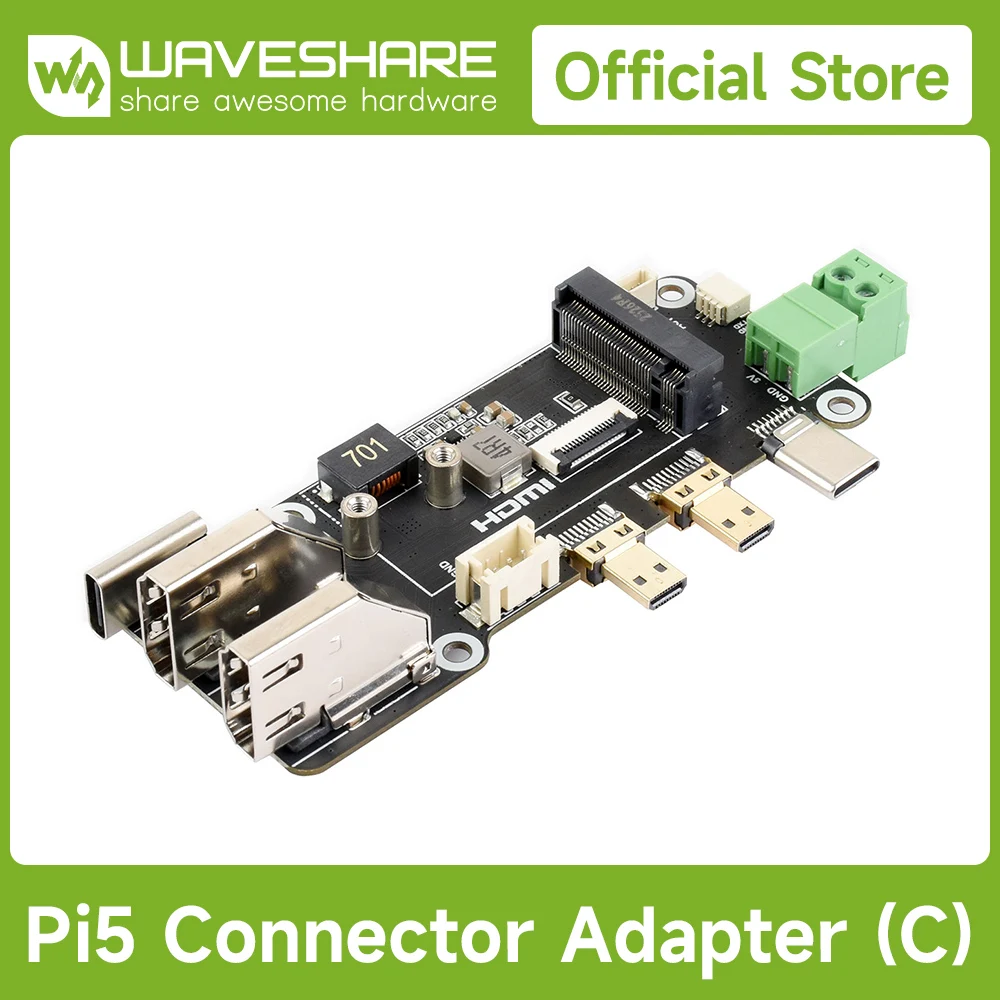 Waveshare PCIe To M.2 Multifunctional Adapter, Compatible with Raspberry Pi 5, Two Power Supply Methods, Supports Dual 4K
