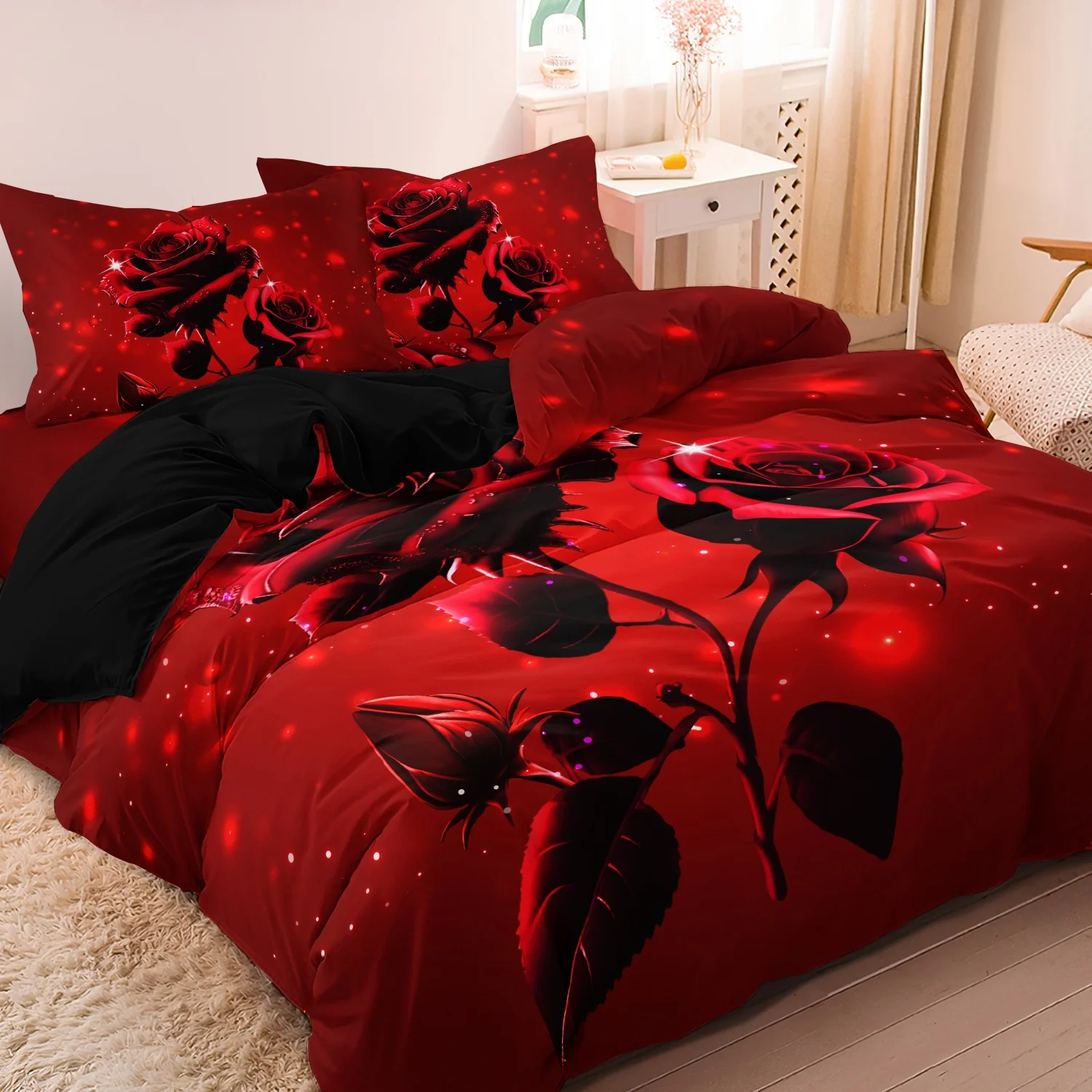 3pcs Red Rose Floral Printing Duvet Cover Set, Suitable For Bedrooms And Guest Rooms. Soft And Comfortable Duvet Cover