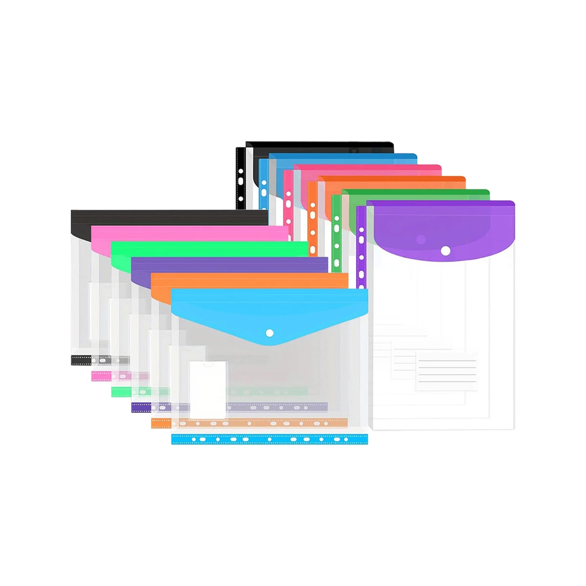

12-piece file bags, with snap closure and label pocket, transparent and colorful, waterproof folders.
