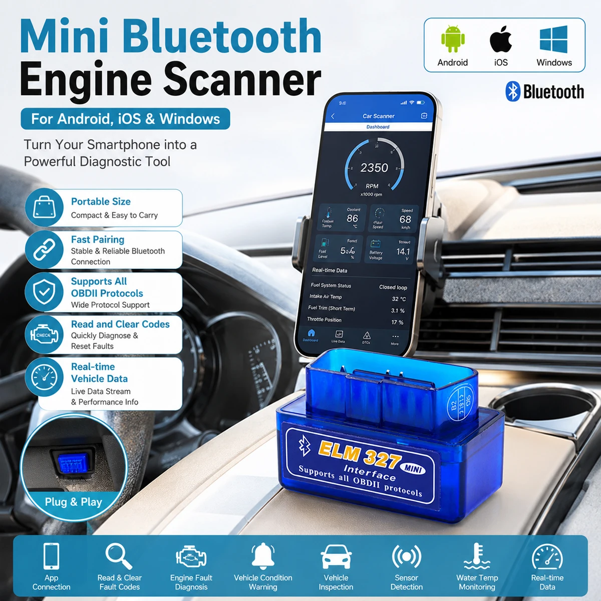 Yitong Mini OBD2 Bluetooth Scanner Car Code Reader Engine Fault Diagnostic Tool 16PIN OBDII for Android PC App Plug Play ELM327