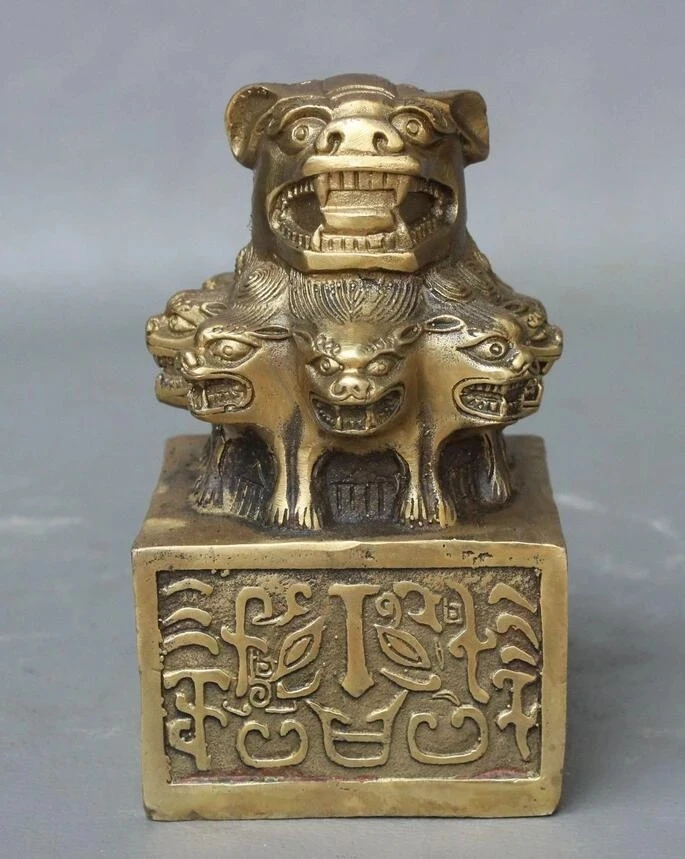 Folk China Brass Dynasty Fu Foo Dog Lion Head Statue imperial Seal Stamp Signet