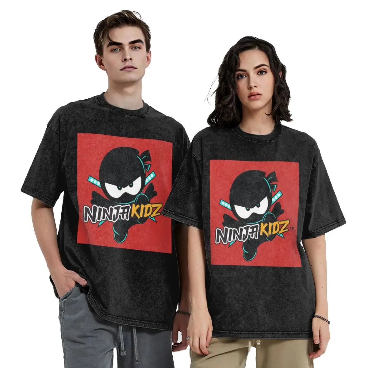 Ninja Kidz Hip Hop Short Sleeve T-Shirts Washed Tops Tees Streetwear T Shirt Oversized for Men Women