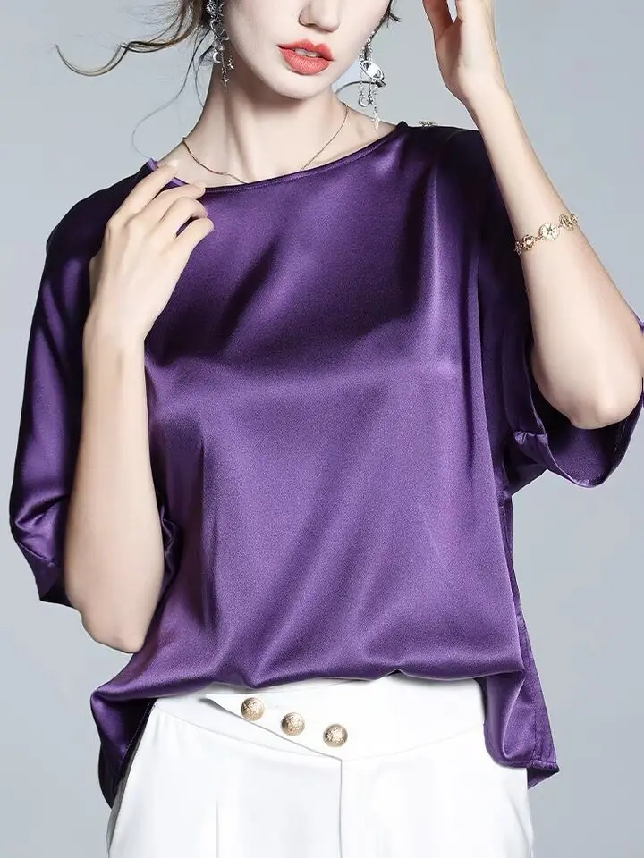 Angleterre élégant Vintage Blouse 2026 automne femmes chemise en soie glacée grande taille femmes demi manches acétate satin chemise couleur bonbon