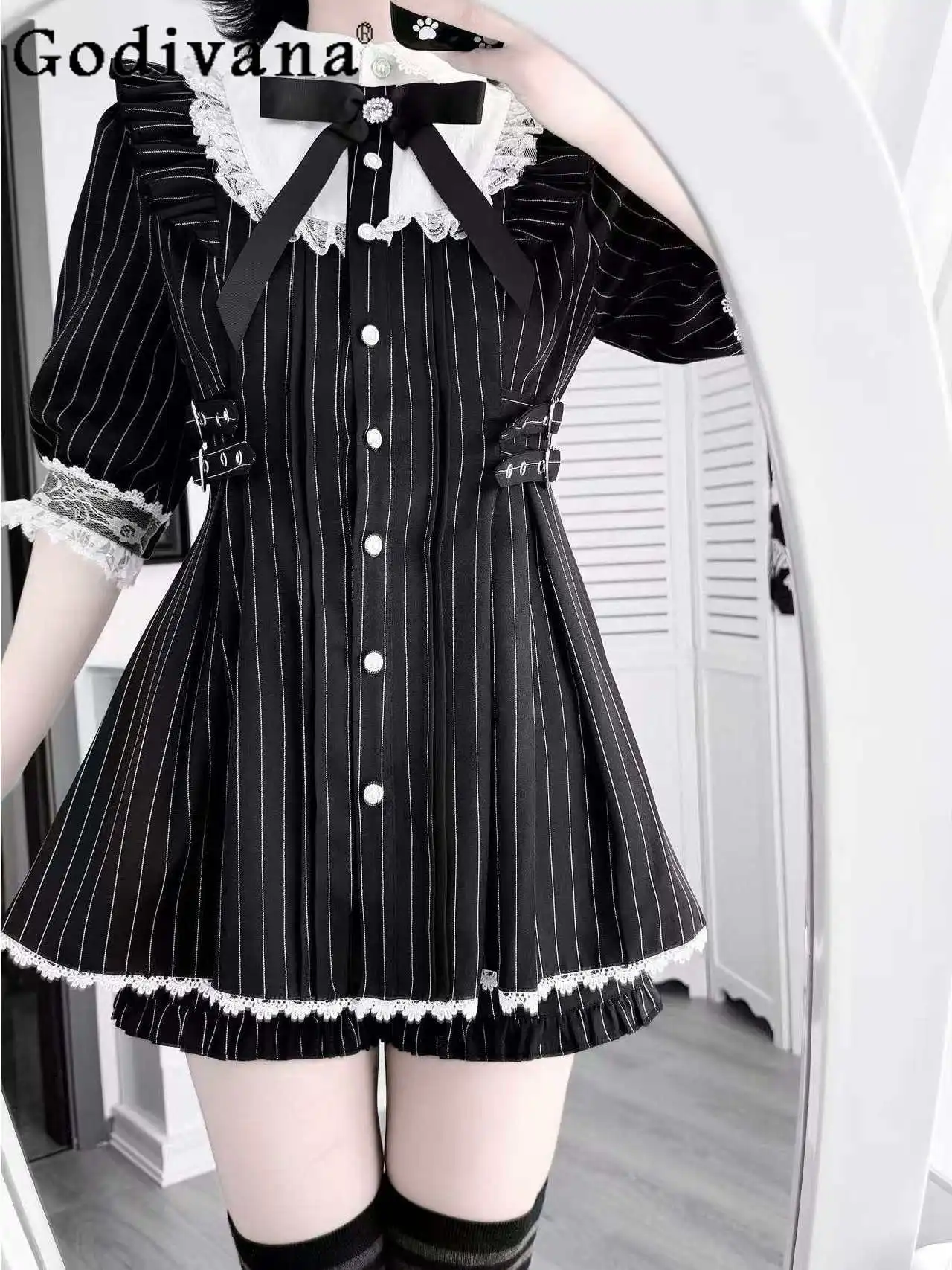 

Japanese Sweet Bow Lace Splicing Mine Striped Dress Set Subculture Gothic Short-sleeved Top Shorts 2-piece Set Women's Outfit