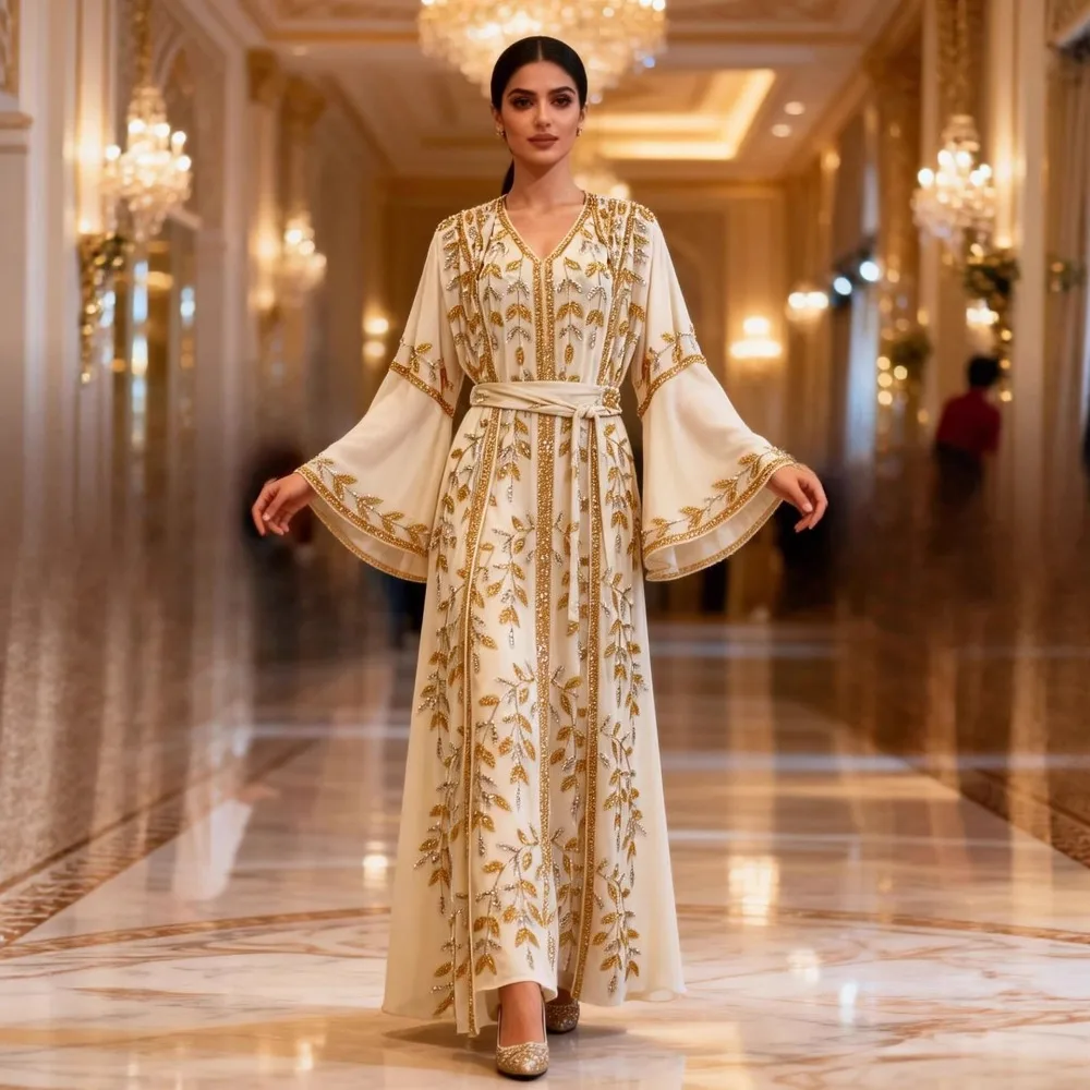 

Muslim Mother Daughter Abaya Dress Heavy Beaded Chiffon V-neck Slim Fit Dubai Luxury Party Evening Gown