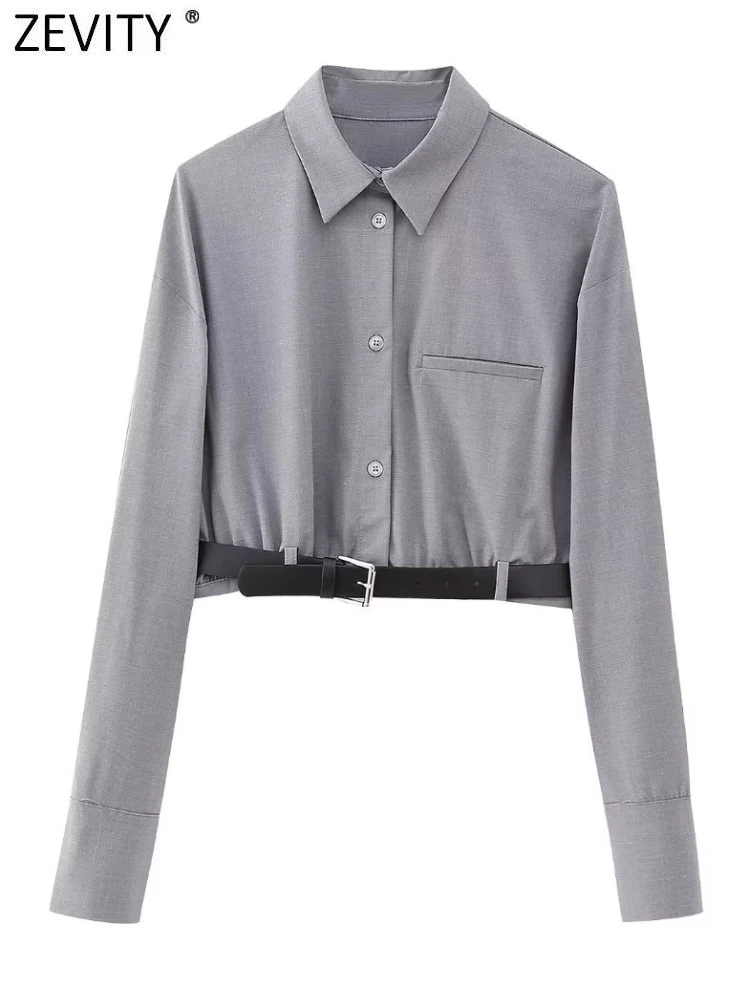 

Zevity Women Fashion Long Sleeve Hem Belt Design Short Blouse Office Lady Casual Slim Shirt Chic Crop Chemise Blusas Tops LS5186