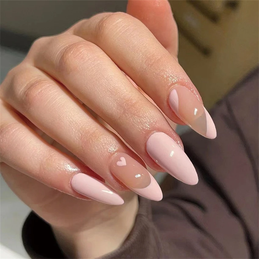 24Pcs/Set Medium Long Almond Fake Nails Art White Edge Oval Glossy Artificial Acrylic Press on Nail Tips Hot Sale Stick on Nails