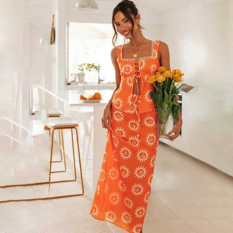 Été nouvelle dentelle Patchwork à lacets à la mode col carré haut moulant imprimé jupe longue ourlet fente coupe ajustée ensemble Long