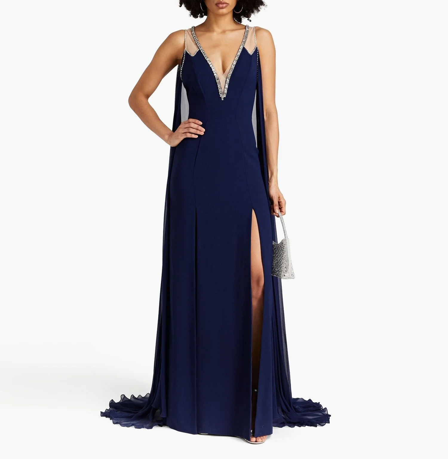 

ROSELLA Deep V Neckline Evening Gowns with High Slit Crystal Formal Occasion Dress with Shawl فساتين vestidos de fiesta