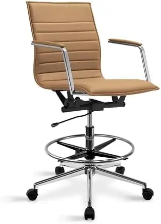 Modern Drafting Chair | Upholstered PU Leather Ribbed | Tall Adjustable Swivel Base with Leg Rest and Tilt Lock for
