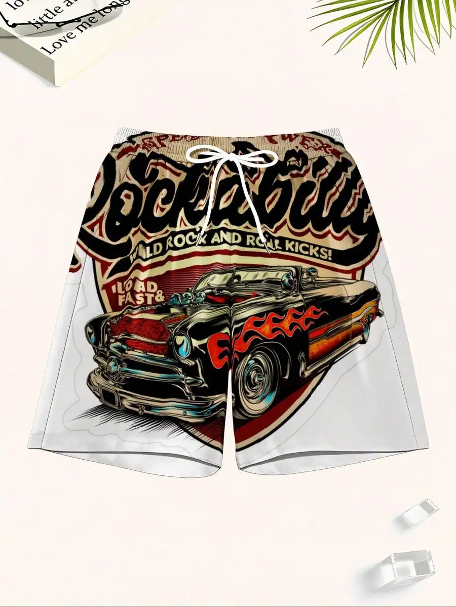 

Rockabilly Classic Car Print Swim Trunks Men Beach Shorts Summer Fast Dry