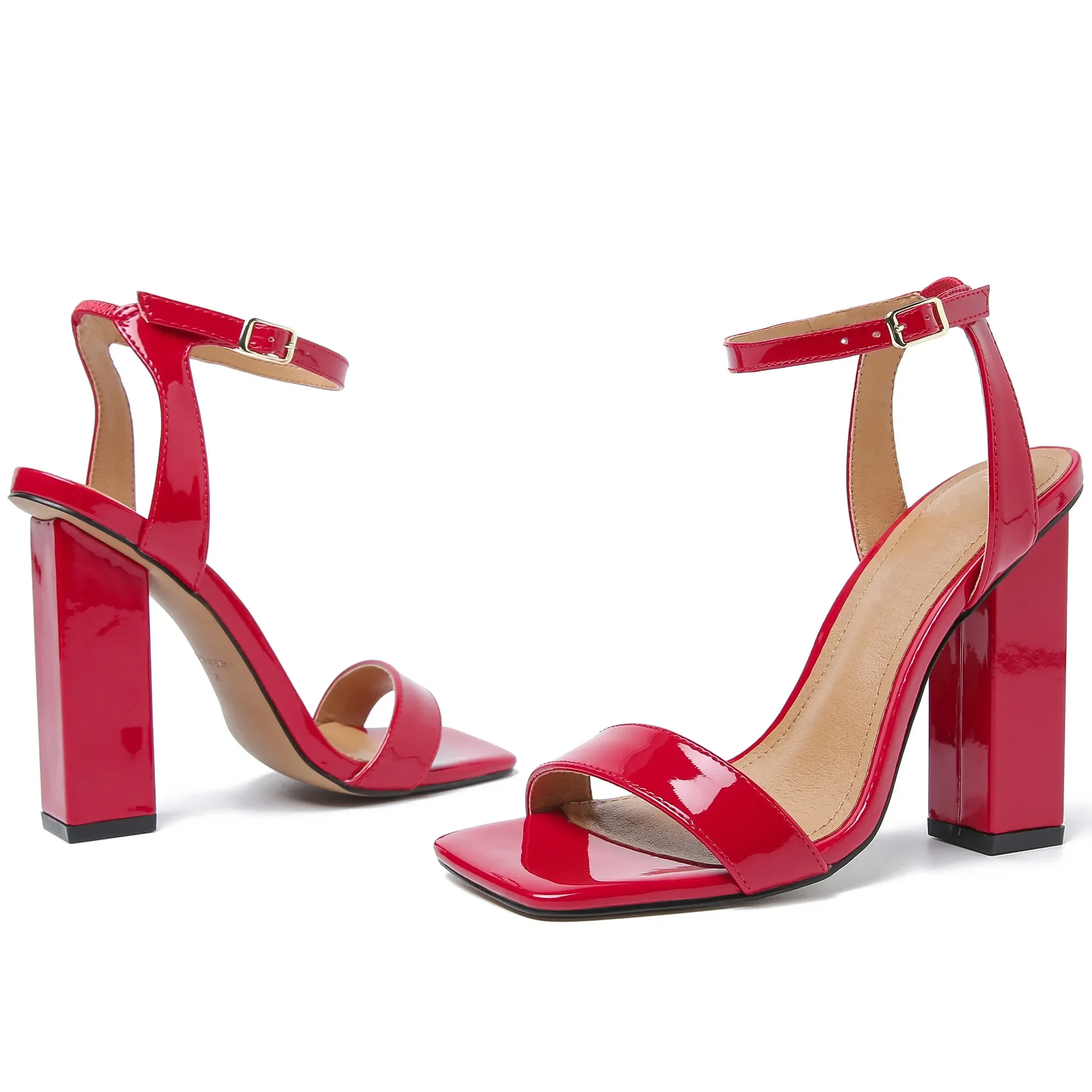 Women Sandals Sexy Pumps Party Dress Novelty Buckle Strap Patent Leather 13CM Square Heel Retro Dress Stripper Shoes Pumps Red