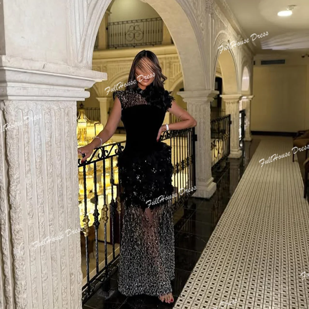사용자 정의 만든 반짝 이는 국자 넥 구슬 이브닝 드레스 환상 민소매 바닥 길이 꽃 레이스와 섹시한 칼집 댄스 파티 드레스