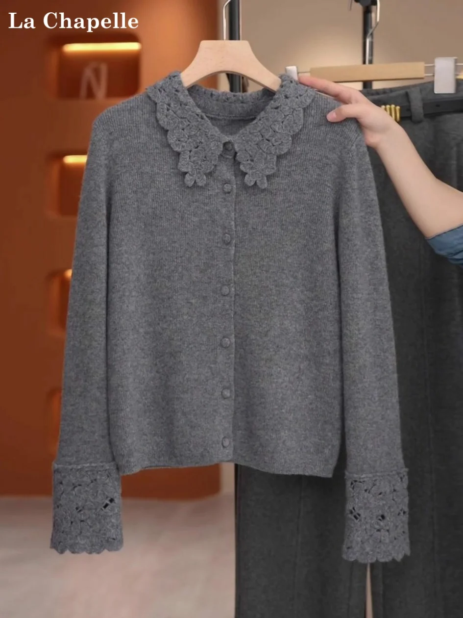 

Вязаный кардиган La Chapelle с вышитым воротником для женщин, весна-осень-зима, красивый вязаный кардиган в корейском стиле...