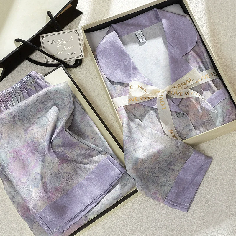 

Новый женский пижамный комплект, одежда для сна, сексуальный принт, фиолетовый кардиган с длинными рукавами, брючный пижамный костюм, весенняя атласная домашняя одежда, одежда для дома