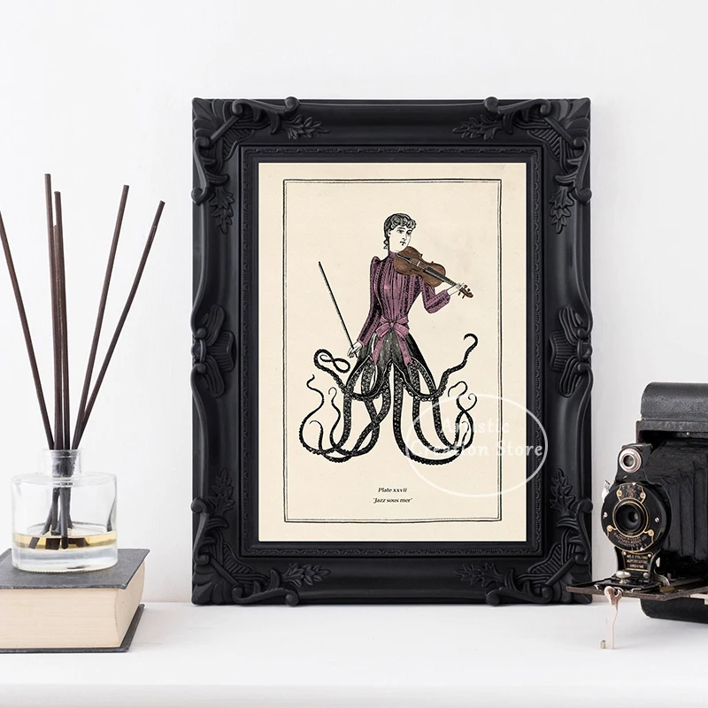 Surreal Gothic poster Funny Toilet Signs Quirky Bathroom Steampunk Print Octopus Sea monster canvas painting room home decor